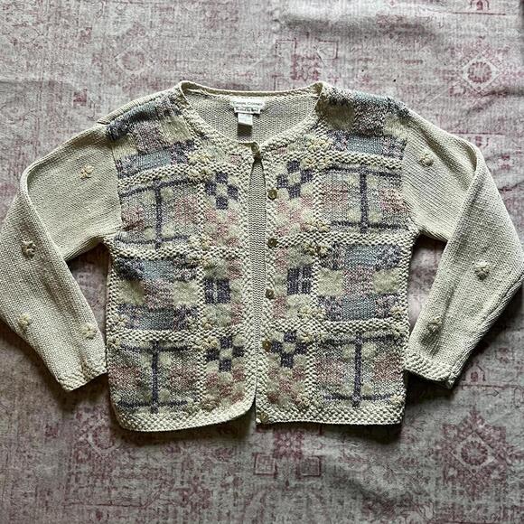 Casual Corner Sweaters - Vintage 90s Hand-Knit Pastel Patchwork Cardigan